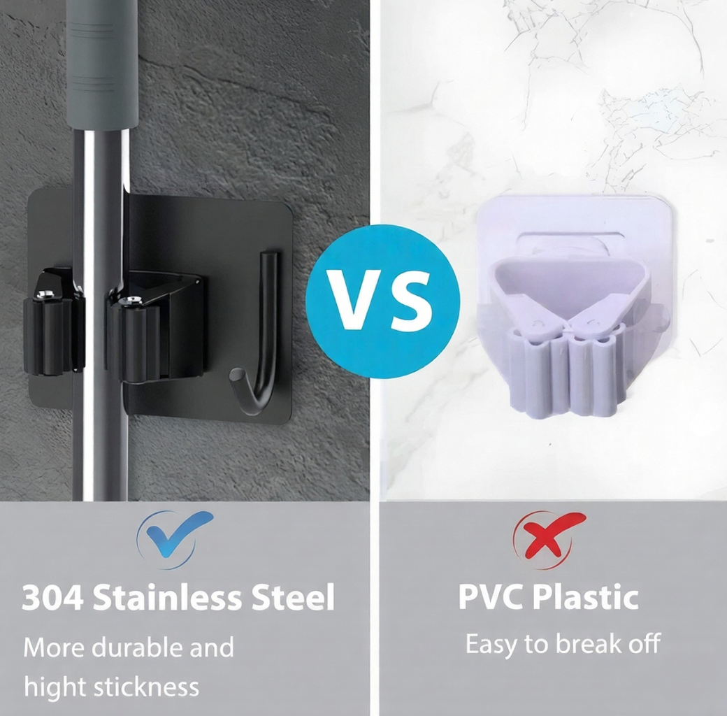 No-Drill Mop & Broom Holder (Wall-Mounted, Space-Saving)
