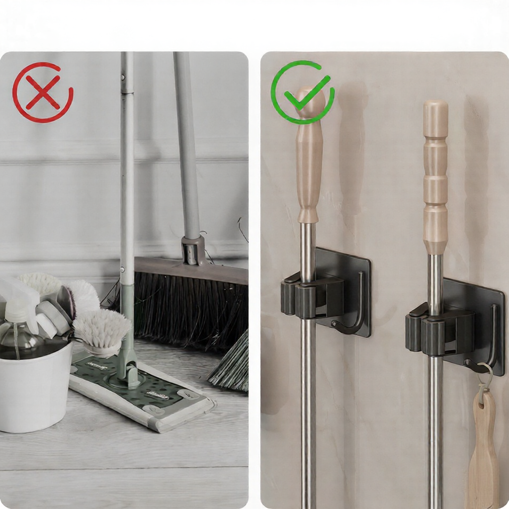 No-Drill Mop & Broom Holder (Wall-Mounted, Space-Saving)
