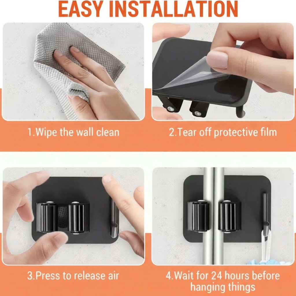 No-Drill Mop & Broom Holder (Wall-Mounted, Space-Saving)